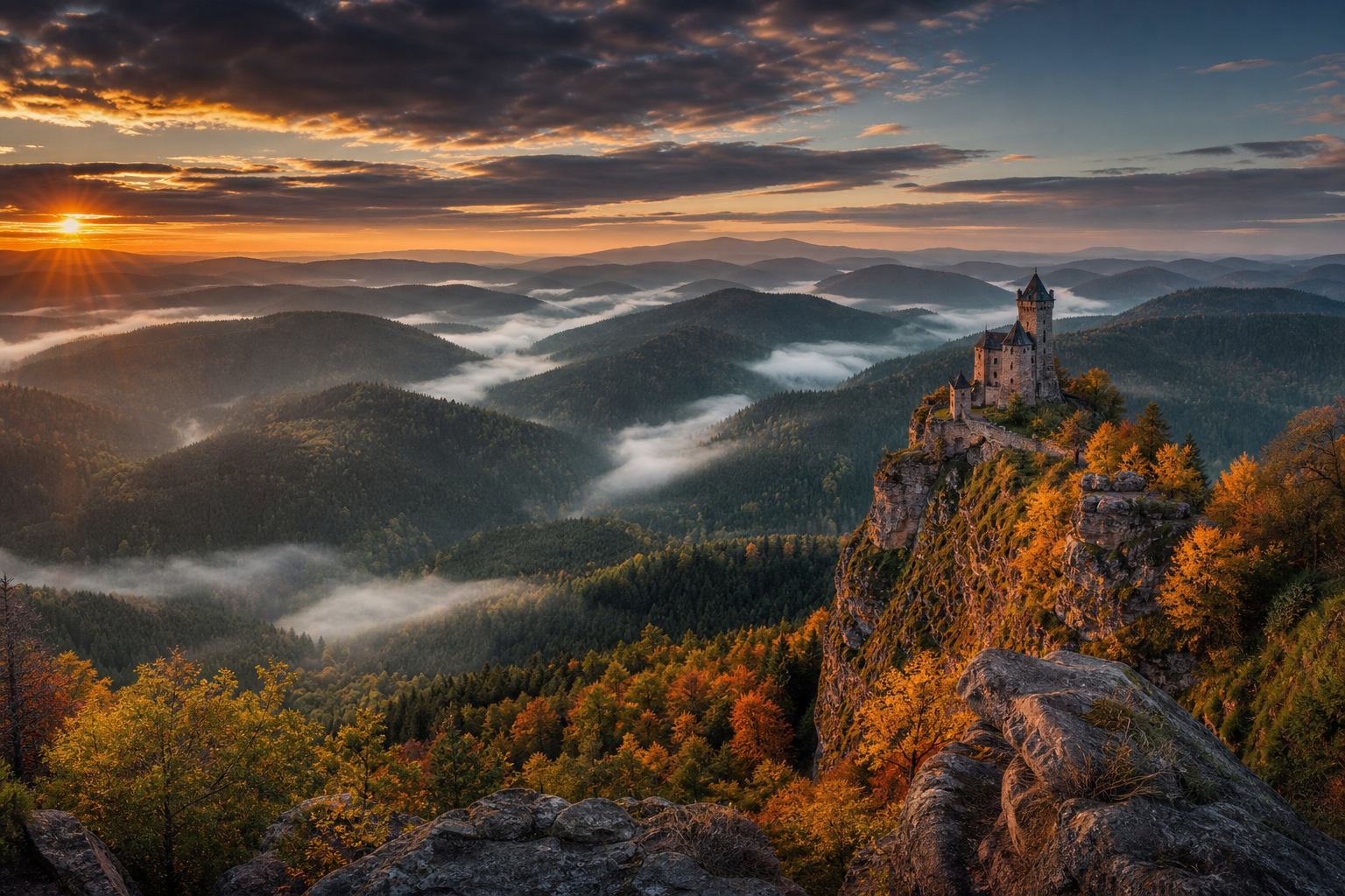Herbstlicher Schwarzwald im Nebel mit silbrigen Flusstälern