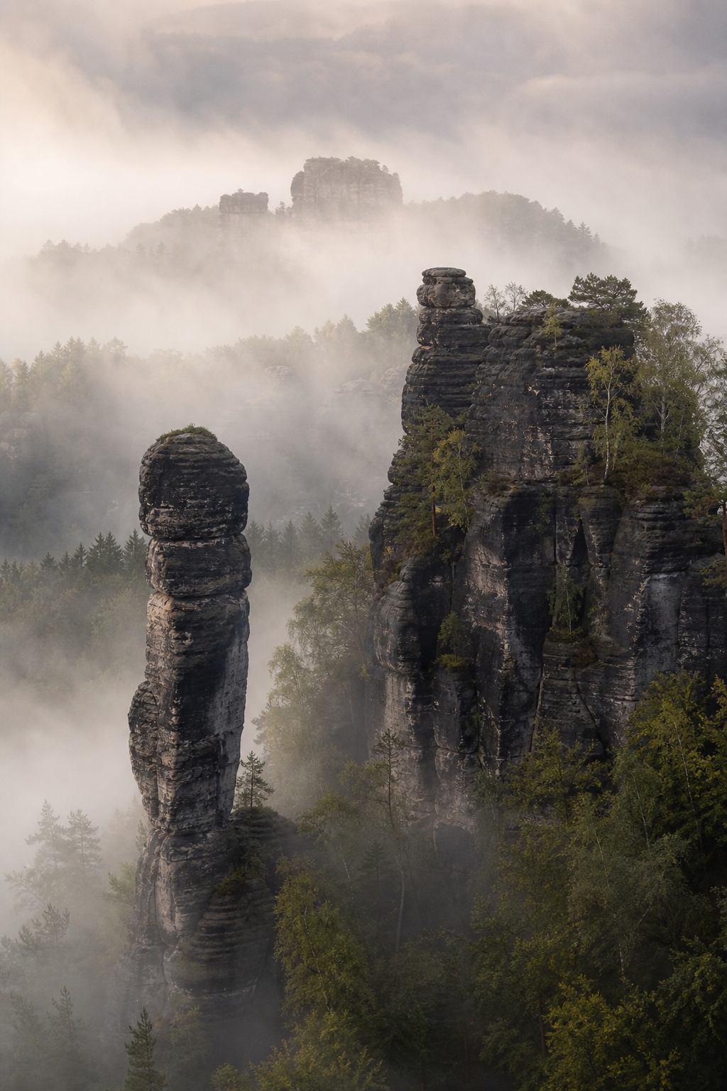 Elbsandsteinwände im Nebel der Sächsischen Schweiz